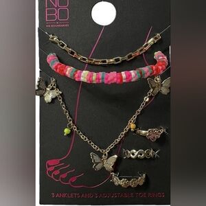 No Boundaries Goldtone Anklet and Toe Ring Set, Butterfly Motif, Multicolored, 6